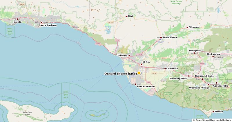 Map of the AA Garage Doors service area: home base Oxnard, plus Port Hueneme, El Río, Ventura, Camarillo, Thousand Oaks, Newbury Park, Westlake Village, Agoura Hills, Moorpark, Simi Valley, Santa Barbara, Goleta, Malibu, Ojai, Santa Paula and Fillmore