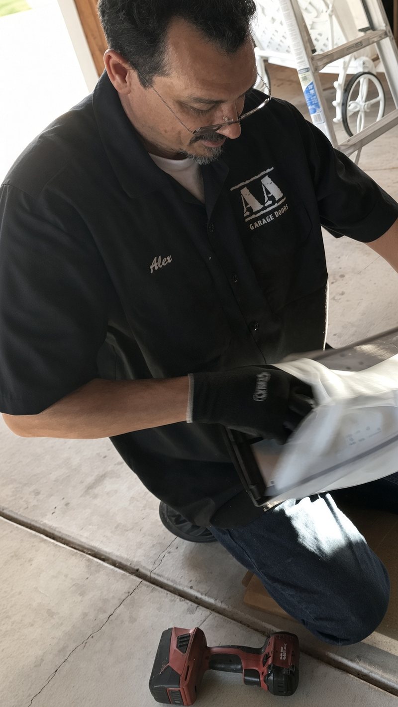 Alex, owner of AA Garage Doors, unpacking a new Marantec opener at a job