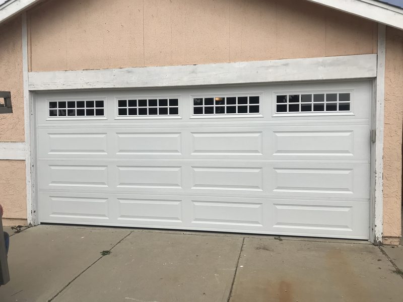 Almond long panel, grid windows garage door installed by AA Garage Doors