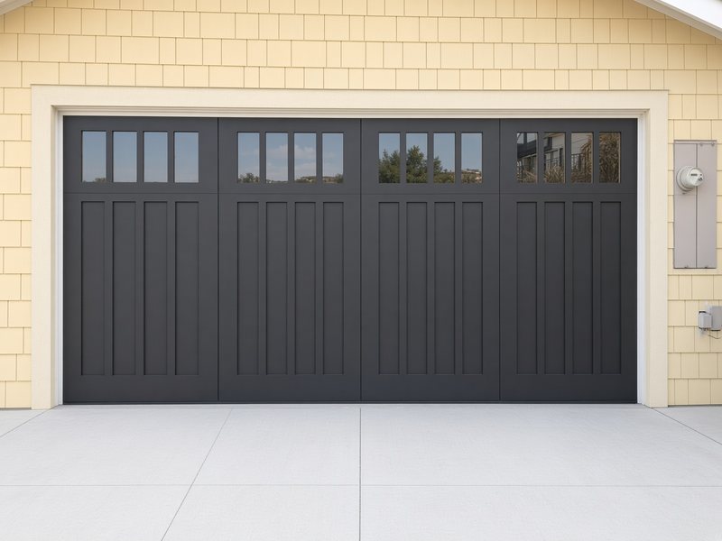 Charcoal carriage-style garage door with four-pane windows