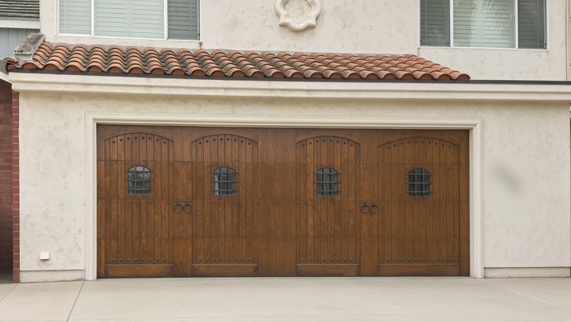 Custom stained wood carriage-style garage door with arched iron-grille windows and decorative ring pulls