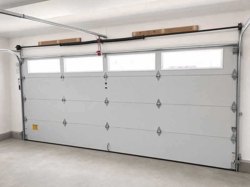 Inside view of a garage door with new torsion springs, track and hardware