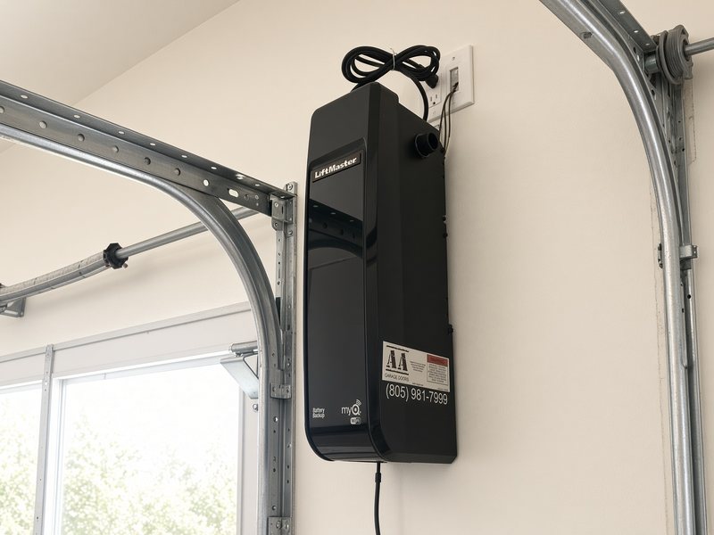 LiftMaster wall-mount myQ garage door opener with battery backup, installed by AA Garage Doors