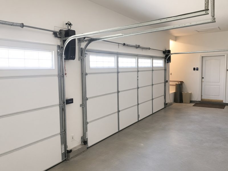 Two garage doors with wall-mount openers, tracks and hardware seen from inside